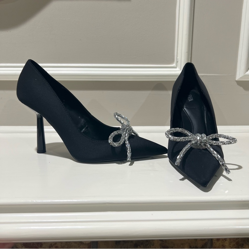 Zara Satin Elegant Black Heels with Silver Bow